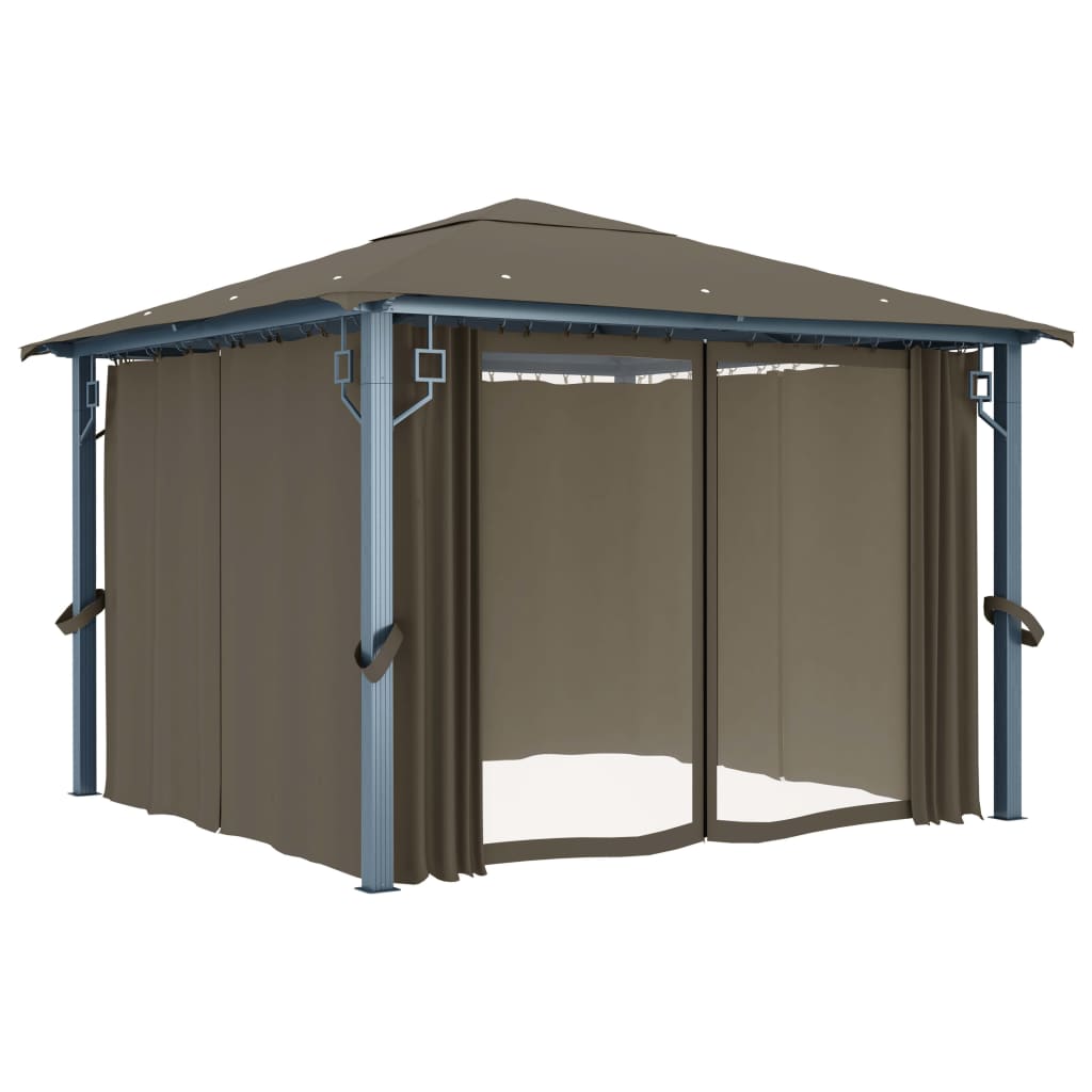 vidaXL Gazebo with Curtain&LED String Lights 3x3 m Taupe Aluminium - 300 x 300 cm