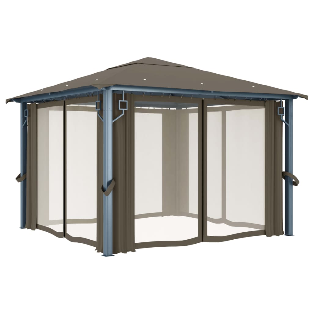 vidaXL Gazebo with Curtain&LED String Lights 3x3 m Taupe Aluminium - 300 x 300 cm