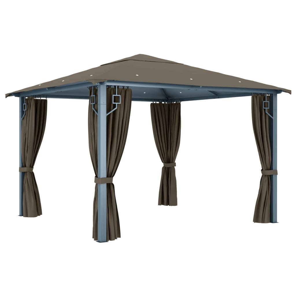 vidaXL Gazebo with Curtain&LED String Lights 3x3 m Taupe Aluminium - 300 x 300 cm