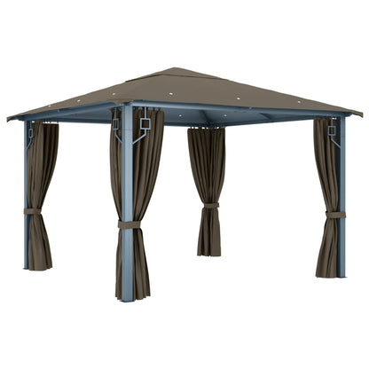 vidaXL Gazebo with Curtain&LED String Lights 3x3 m Taupe Aluminium - 300 x 300 cm