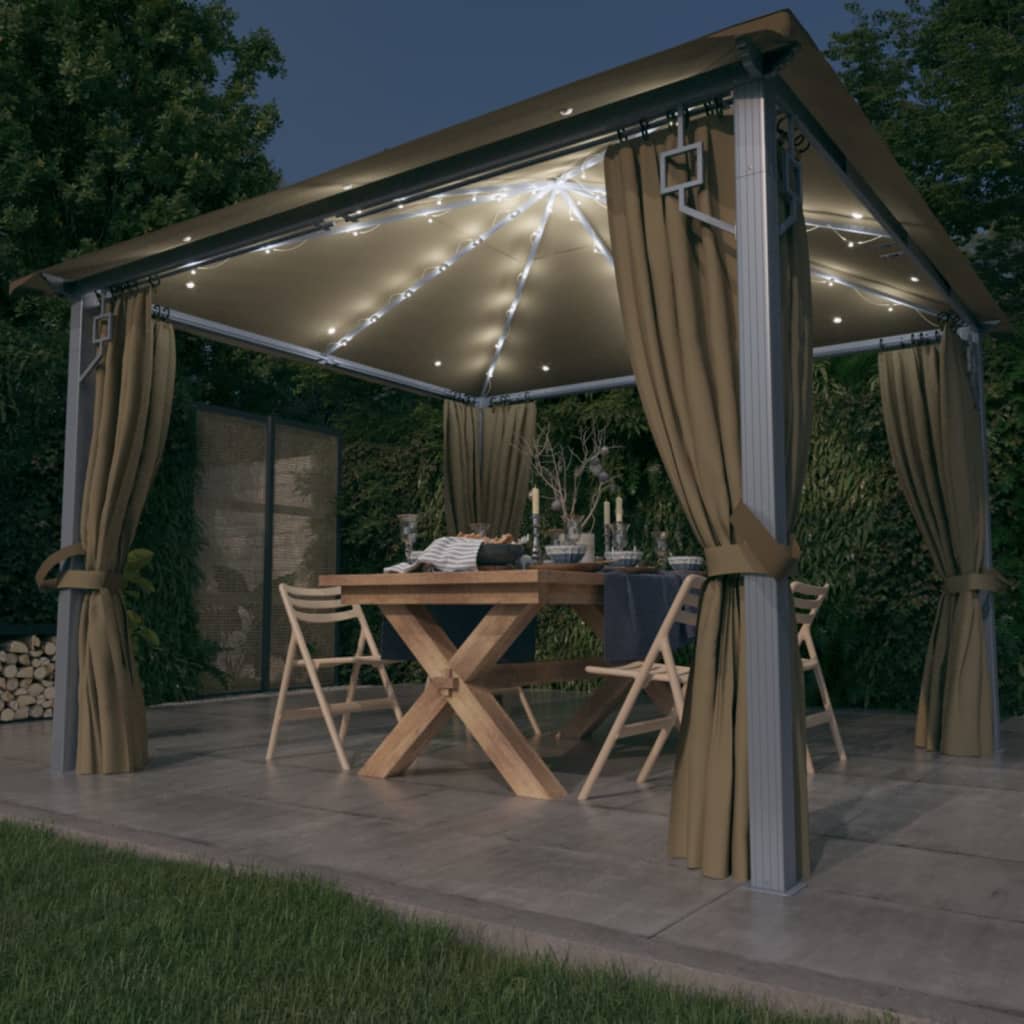 vidaXL Gazebo with Curtain&LED String Lights 3x3 m Taupe Aluminium - 300 x 300 cm