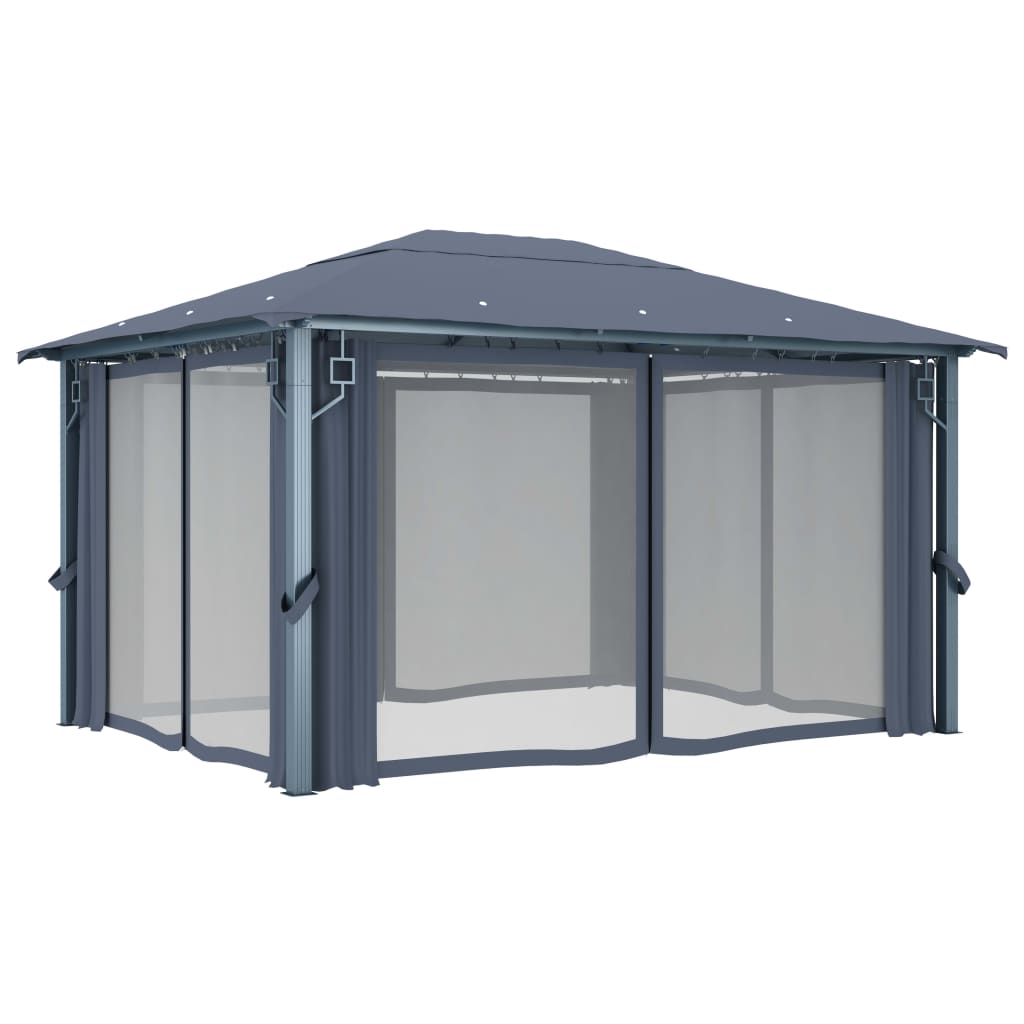 vidaXL Gazebo with Curtain&LED String Lights 4x3 m Anthracite Aluminium - 400 x 300 cm