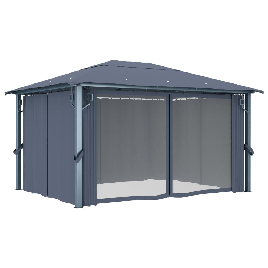 vidaXL Gazebo with Curtain&LED String Lights 4x3 m Anthracite Aluminium - 400 x 300 cm