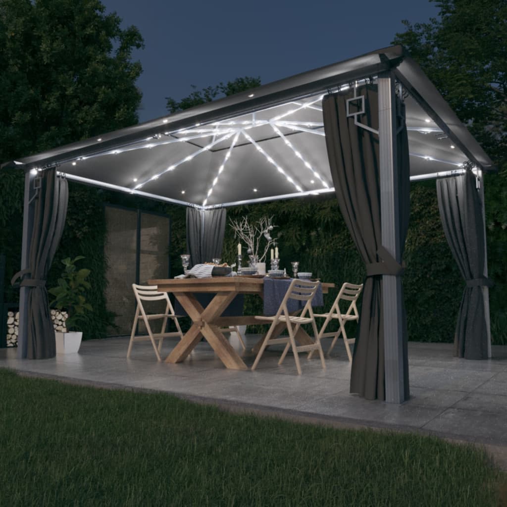 vidaXL Gazebo with Curtain&LED String Lights 4x3 m Anthracite Aluminium - 400 x 300 cm