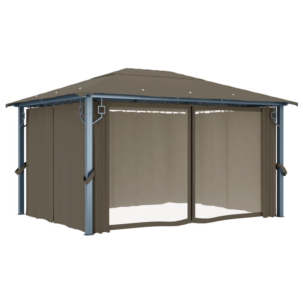 vidaXL Gazebo with Curtain&LED String Lights 4x3 m Taupe Aluminium - 400 x 300 cm