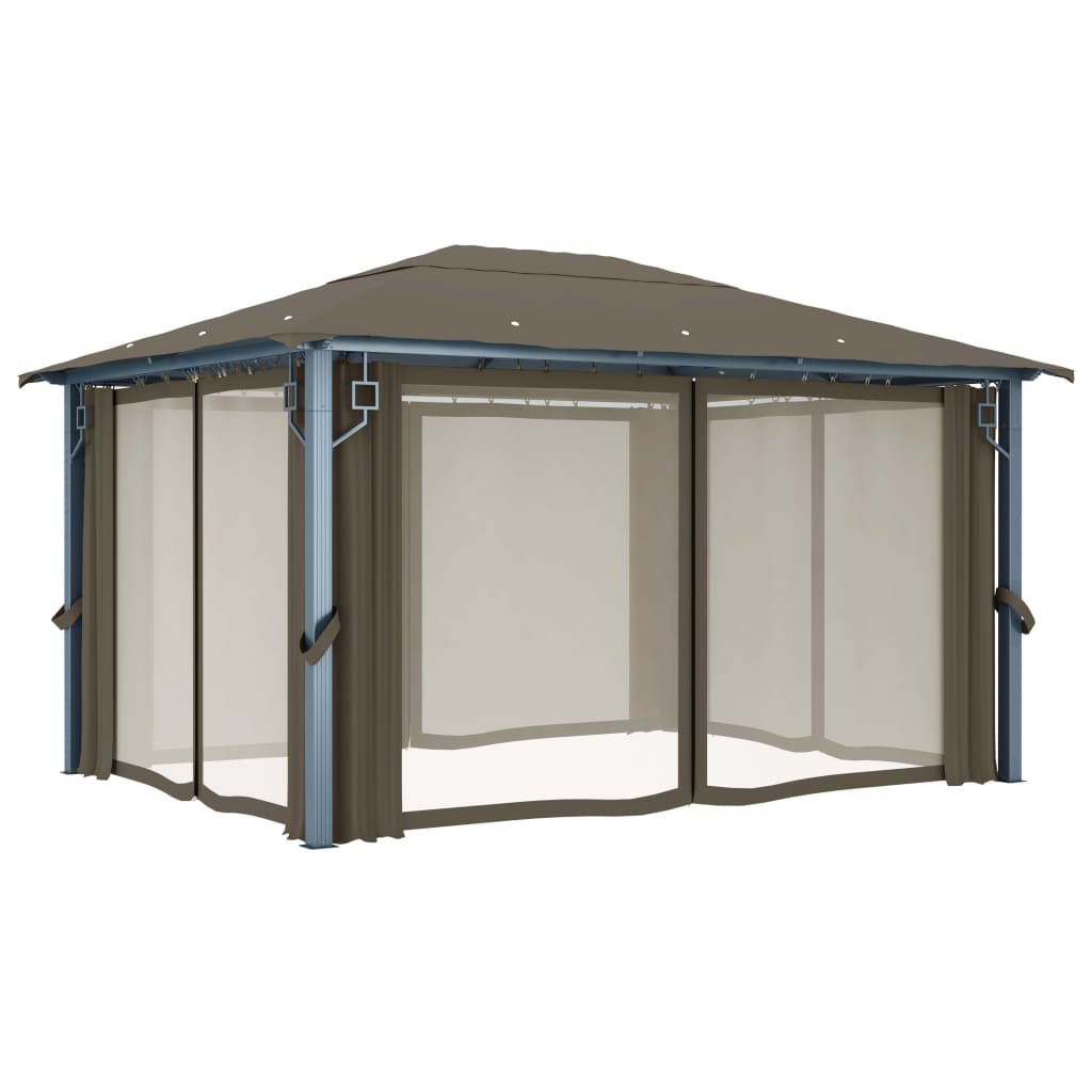 vidaXL Gazebo with Curtain&LED String Lights 4x3 m Taupe Aluminium - 400 x 300 cm
