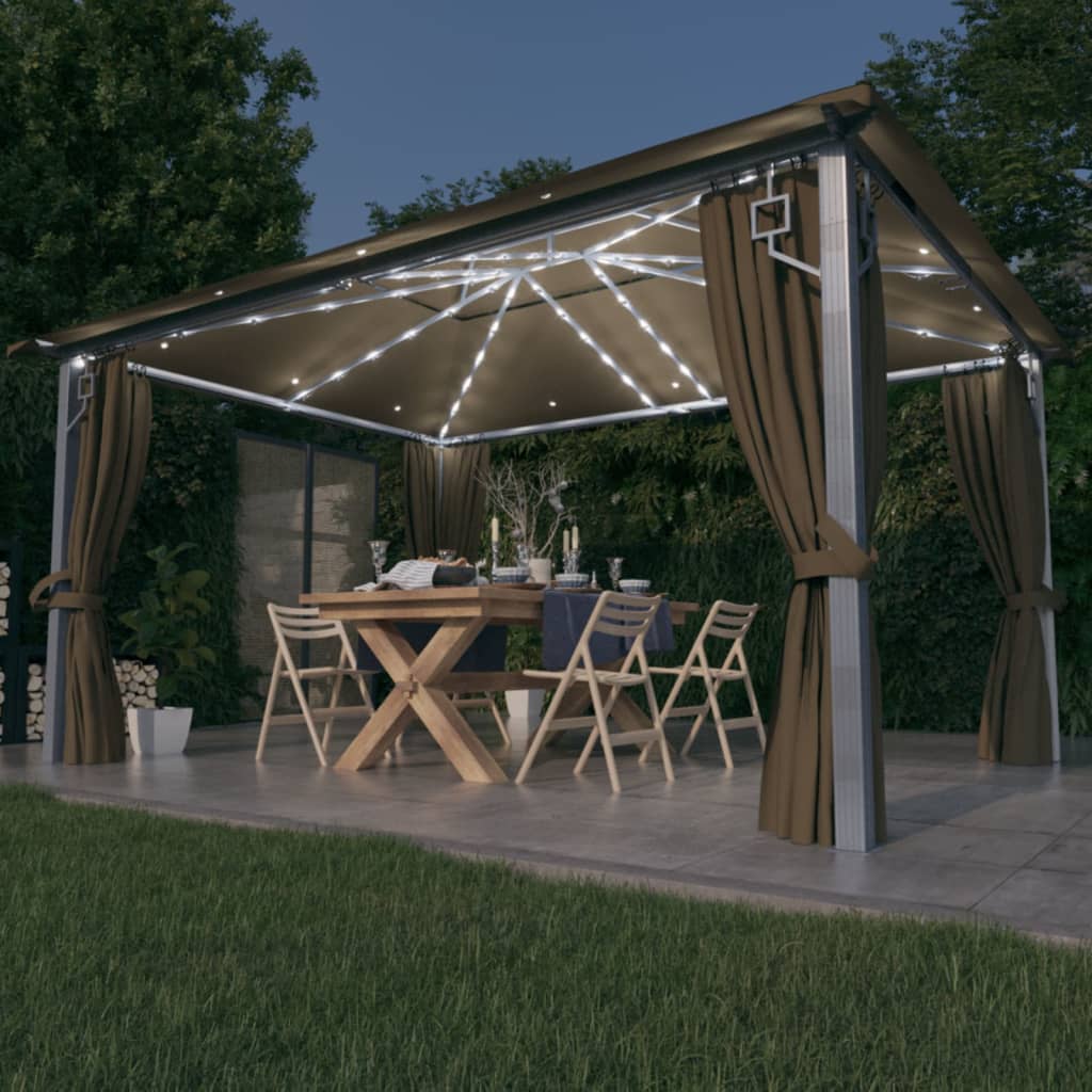 vidaXL Gazebo with Curtain&LED String Lights 4x3 m Taupe Aluminium - 400 x 300 cm