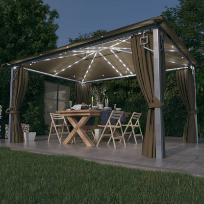 vidaXL Gazebo with Curtain&LED String Lights 4x3 m Taupe Aluminium - 400 x 300 cm