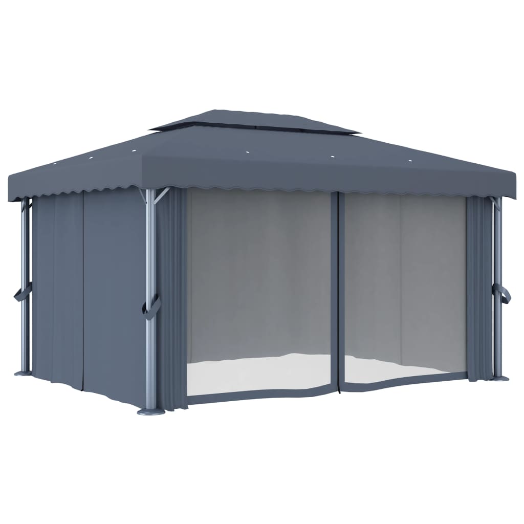 vidaXL Gazebo with Curtain&LED String Lights 4x3 m Anthracite
