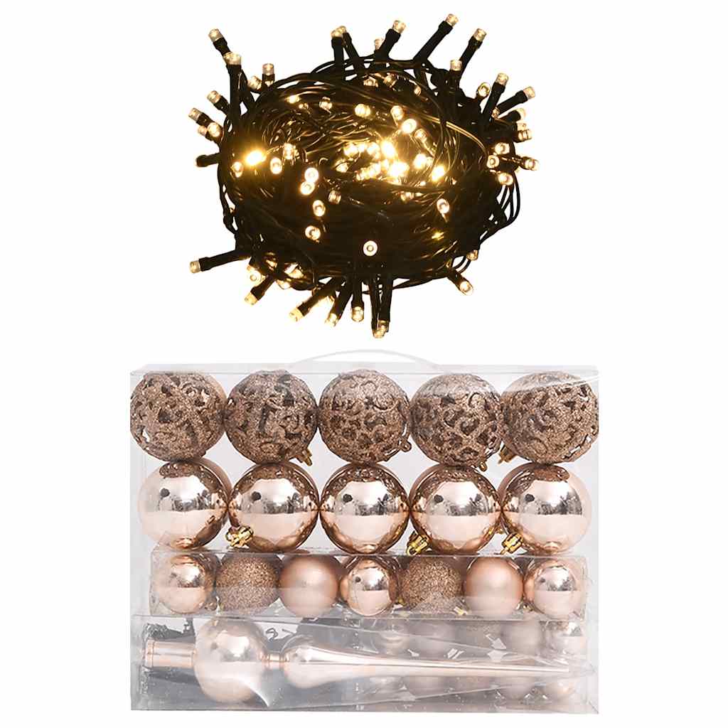 vidaXL 60 Piece Christmas Ball Set with Peak and 150 LEDs Rose Gold - Rose and gold