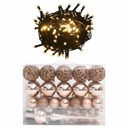 vidaXL 60 Piece Christmas Ball Set with Peak and 150 LEDs Rose Gold - Rose and gold