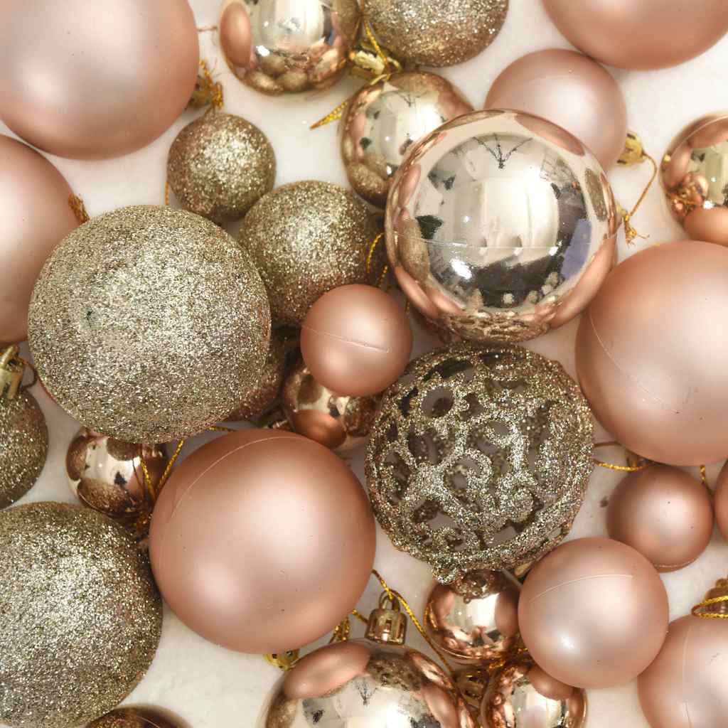 vidaXL 60 Piece Christmas Ball Set with Peak and 150 LEDs Rose Gold - Rose and gold