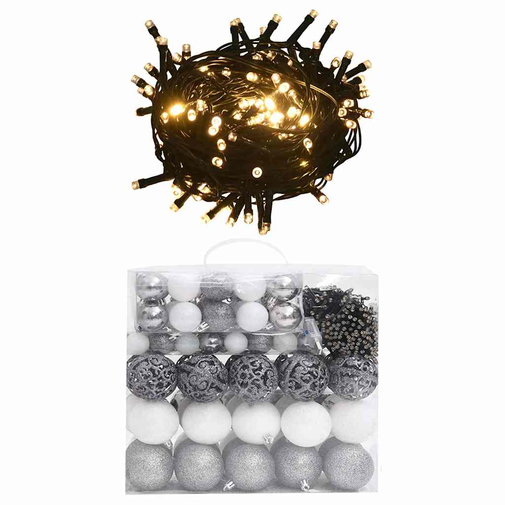 vidaXL 120 Piece Christmas Ball Set with Peak and 300 LEDs White&Gey - white and grey
