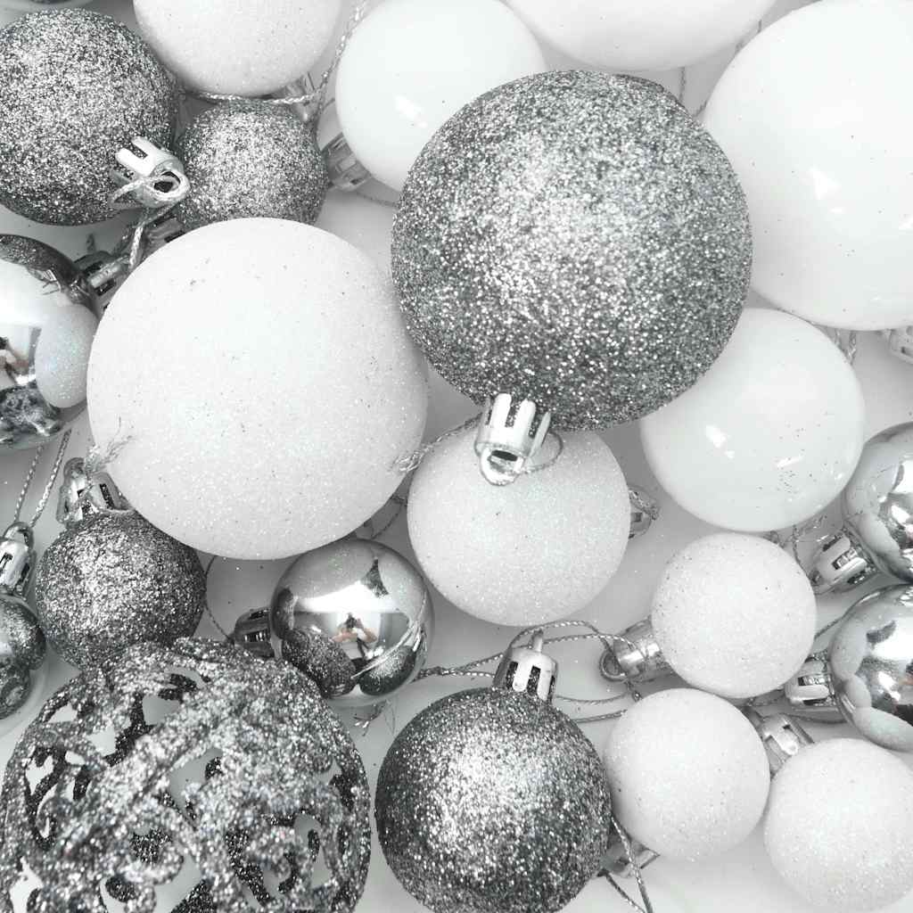 vidaXL 120 Piece Christmas Ball Set with Peak and 300 LEDs White&Gey - white and grey