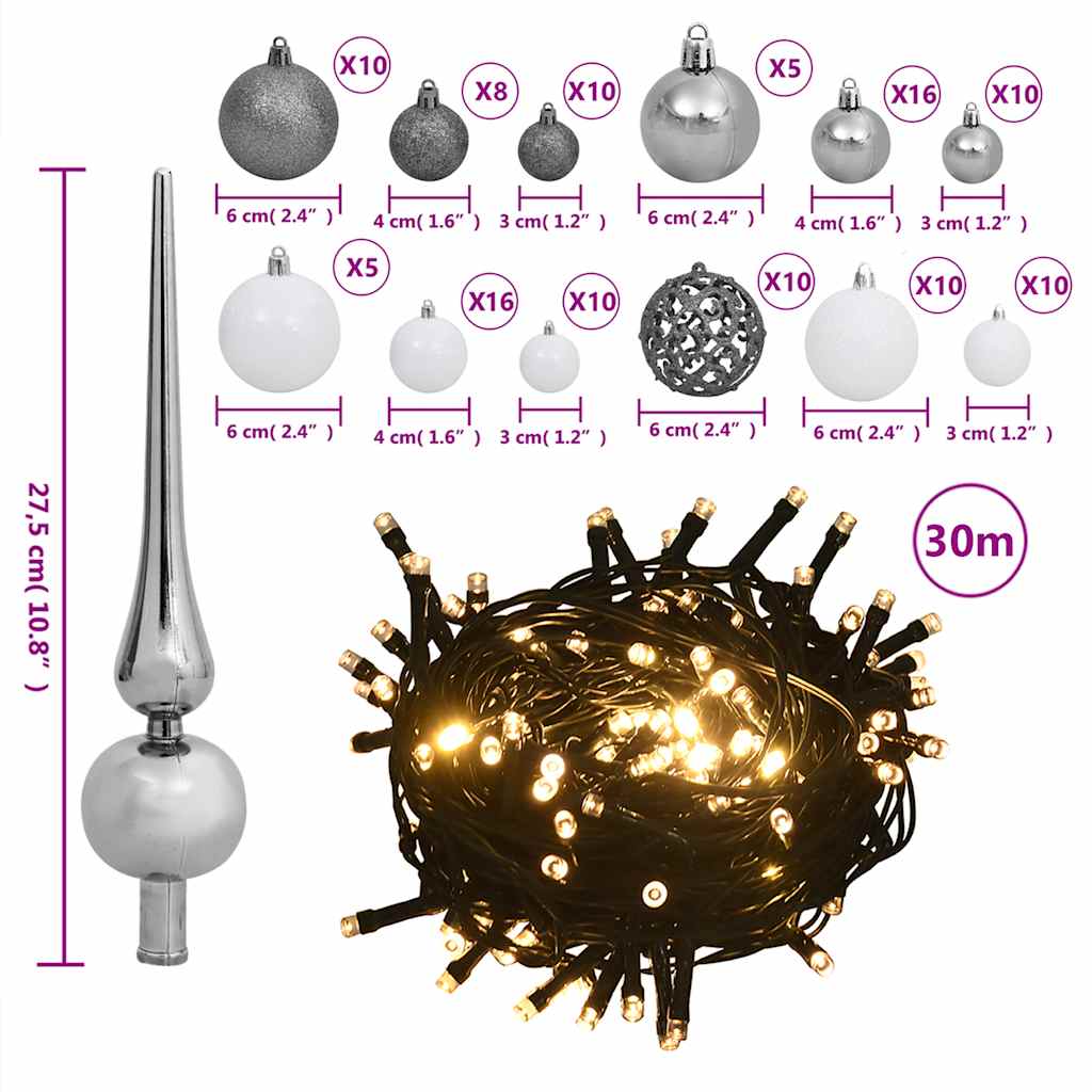 vidaXL 120 Piece Christmas Ball Set with Peak and 300 LEDs White&Gey - white and grey