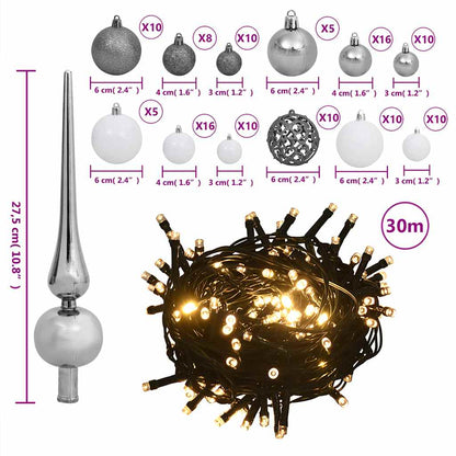 vidaXL 120 Piece Christmas Ball Set with Peak and 300 LEDs White&Gey - white and grey