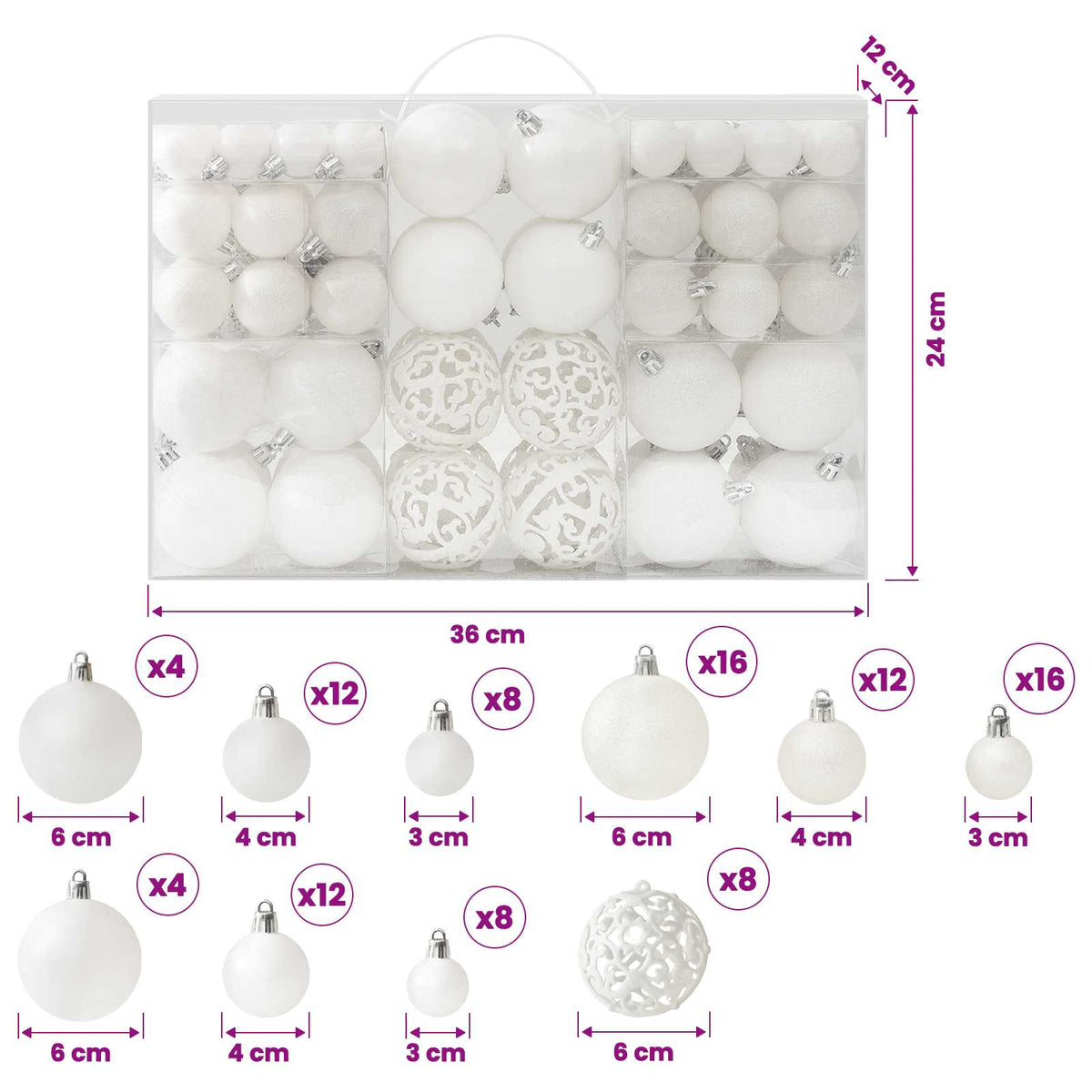 330082 vidaXL 100 Piece Christmas Ball Set White - 6 x 6 x 6 cm