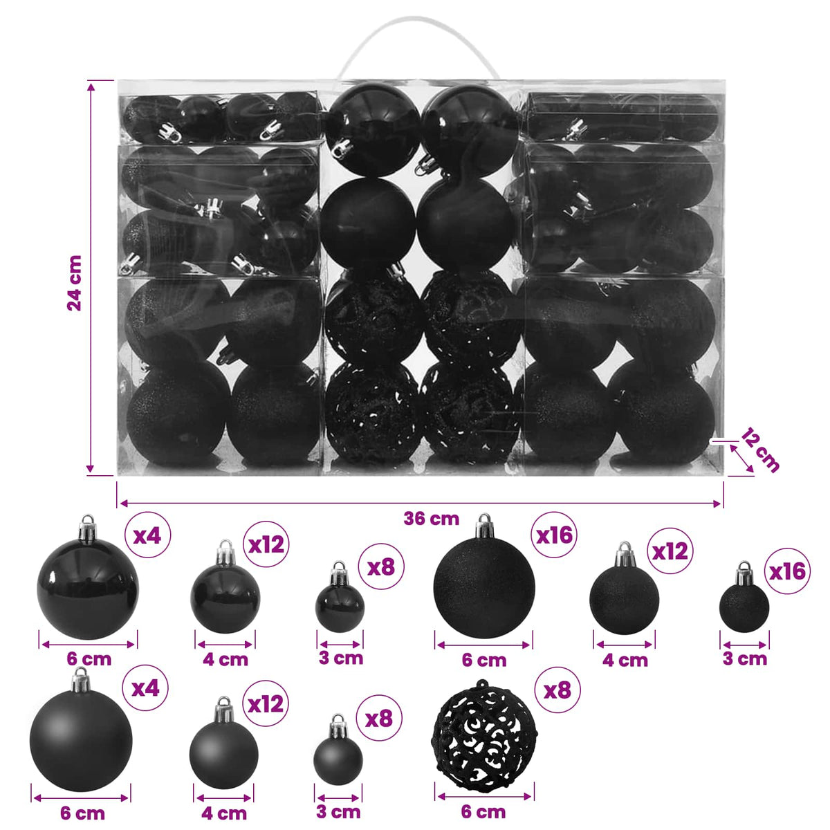330083 vidaXL 100 Piece Christmas Ball Set Black - 6 x 6 x 6 cm