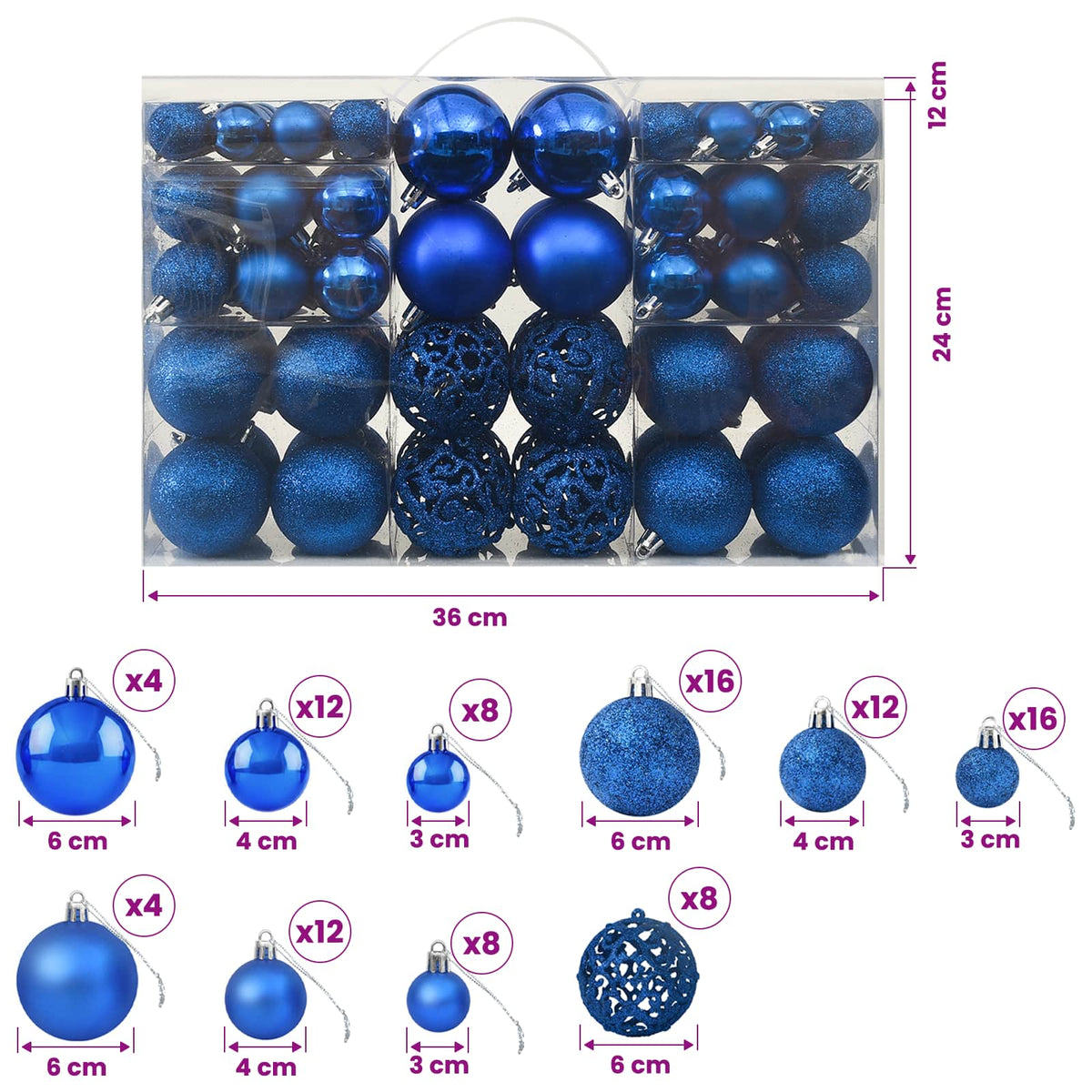 330085 vidaXL 100 Piece Christmas Ball Set Blue - 6 x 6 x 6 cm
