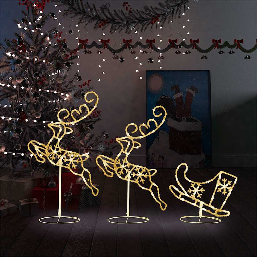 328509 vidaXL Acrylic Christmas Flying Reindeer&Sleigh 260x21x87cm Warm White - 260 x 21 x 87 cm