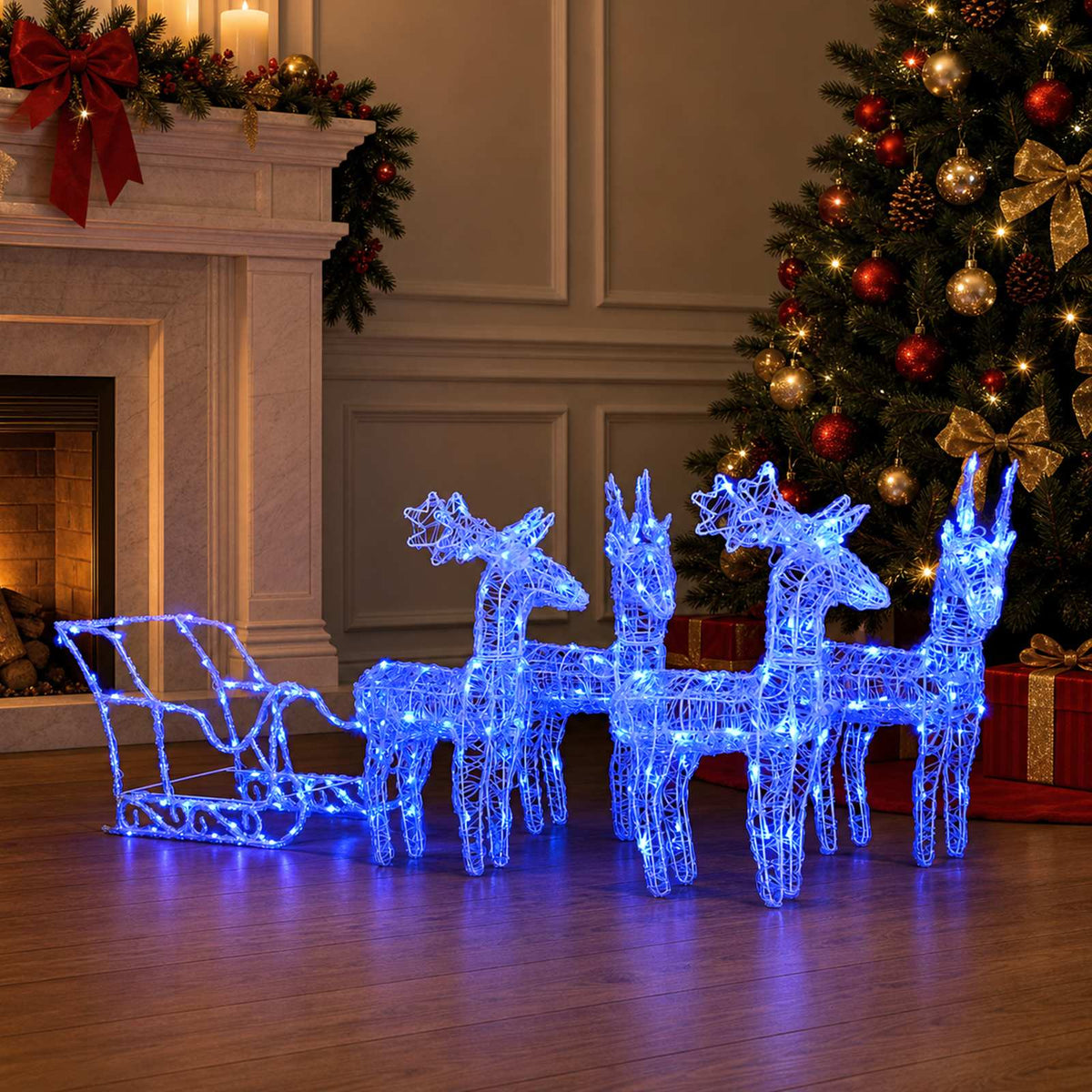 vidaXL Reindeers & Sleigh Christmas Decoration 280x28x55 cm Acrylic - Blue