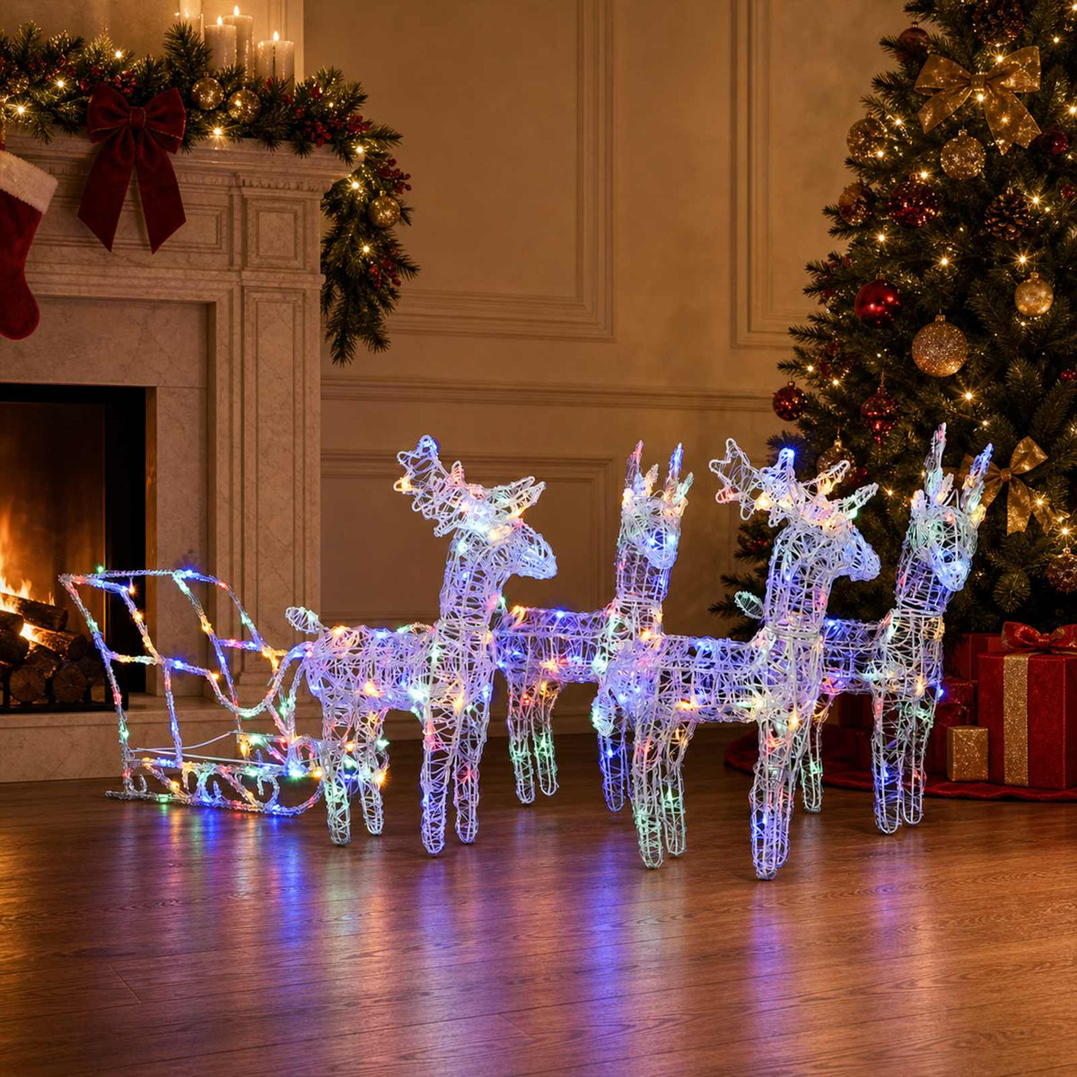 vidaXL Reindeers & Sleigh Christmas Decoration 280x28x55 cm Acrylic - Multicolour