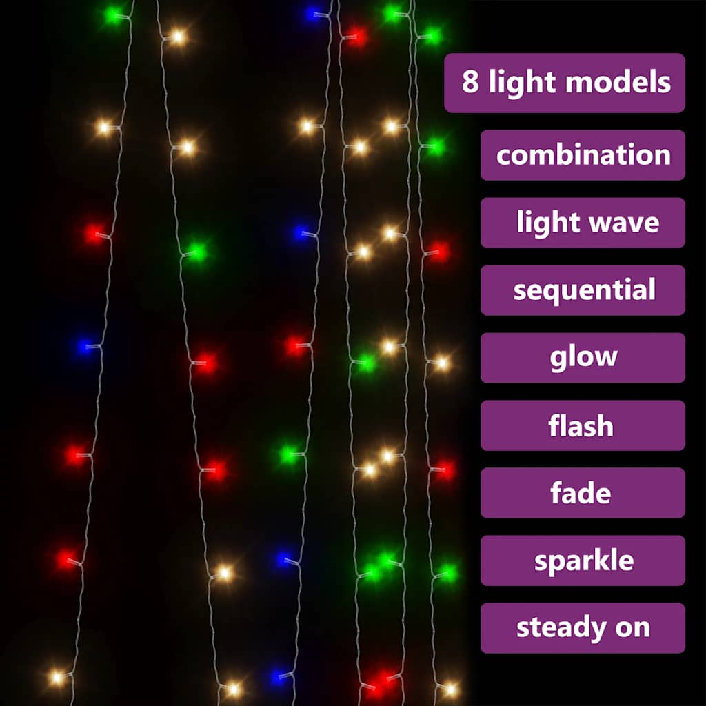 vidaXL LED Curtain Fairy Lights 3x3m 300 LED Colourful 8 Function - multicolour