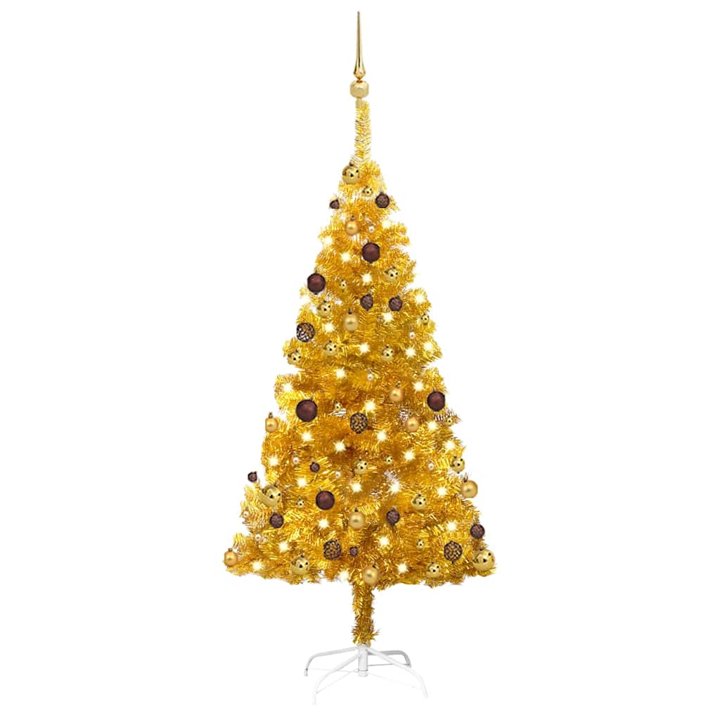 vidaXL Artificial Pre-lit Christmas Tree with Ball Set Gold 150 cm PET - 75 x 75 x 150 cm - 134331