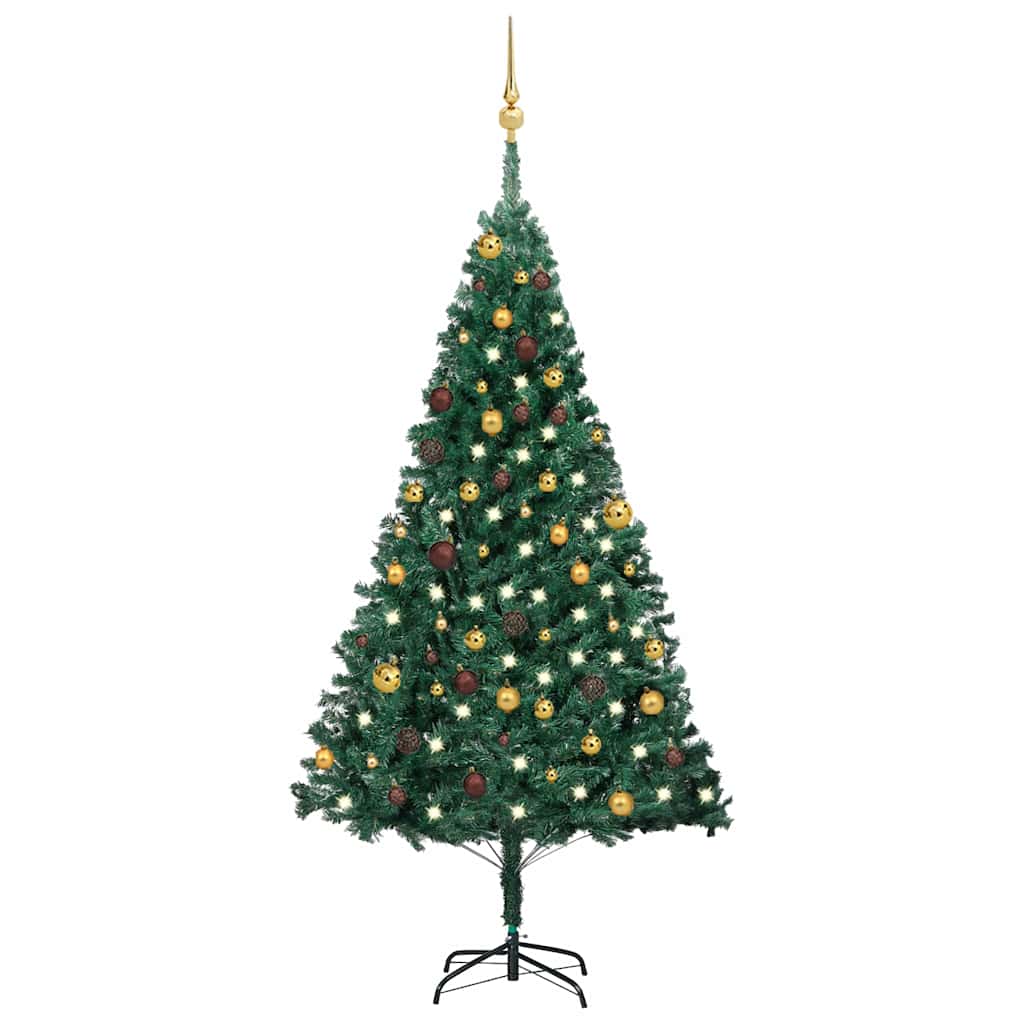 vidaXL Artificial Pre-lit Christmas Tree with Ball Set Green 180 cm PVC - Gre - 95 x 95 x 180 cm - 134395