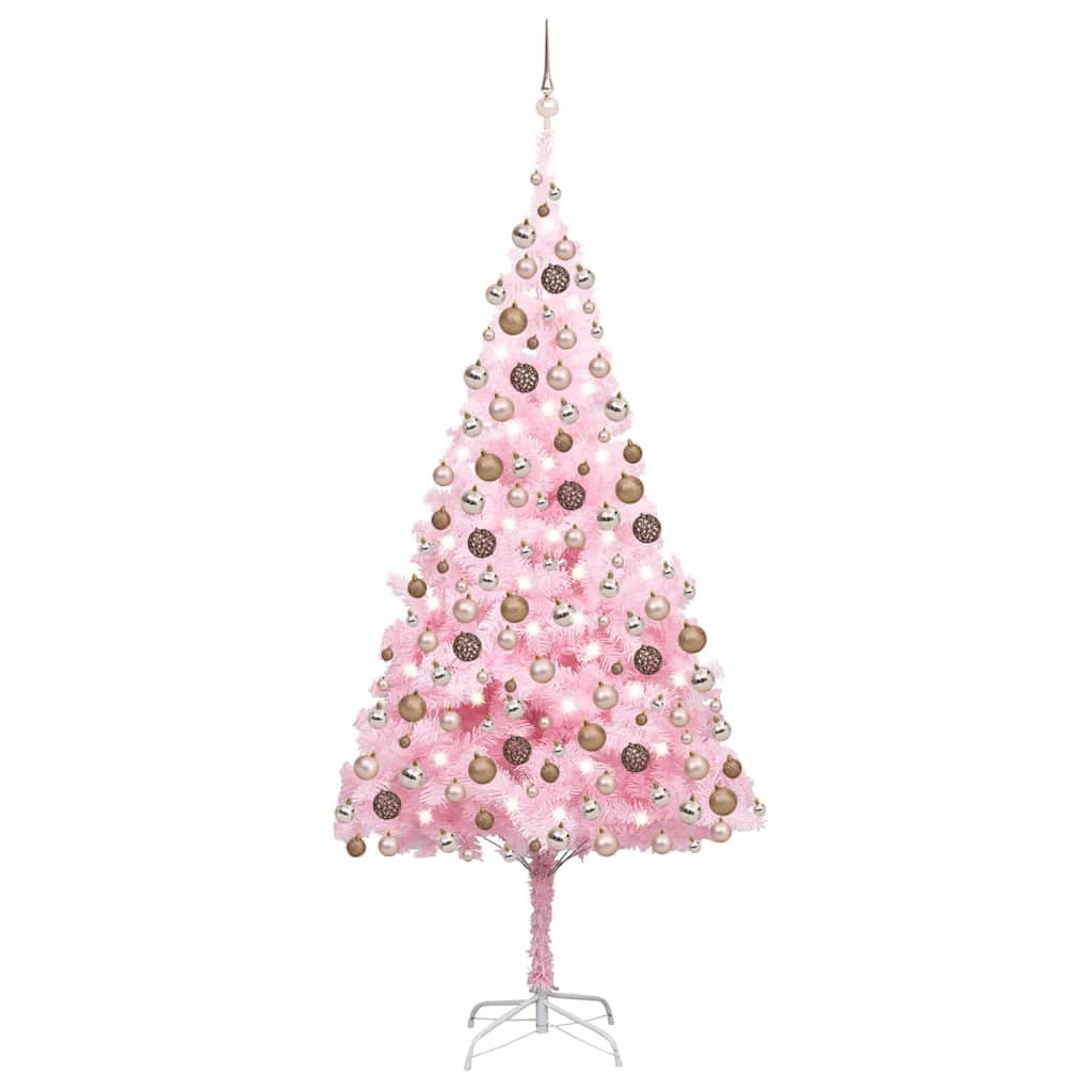 vidaXL Artificial Pre-lit Christmas Tree with Ball Set Pink 210 cm PVC - 120 x 120 x 210 cm - 134497