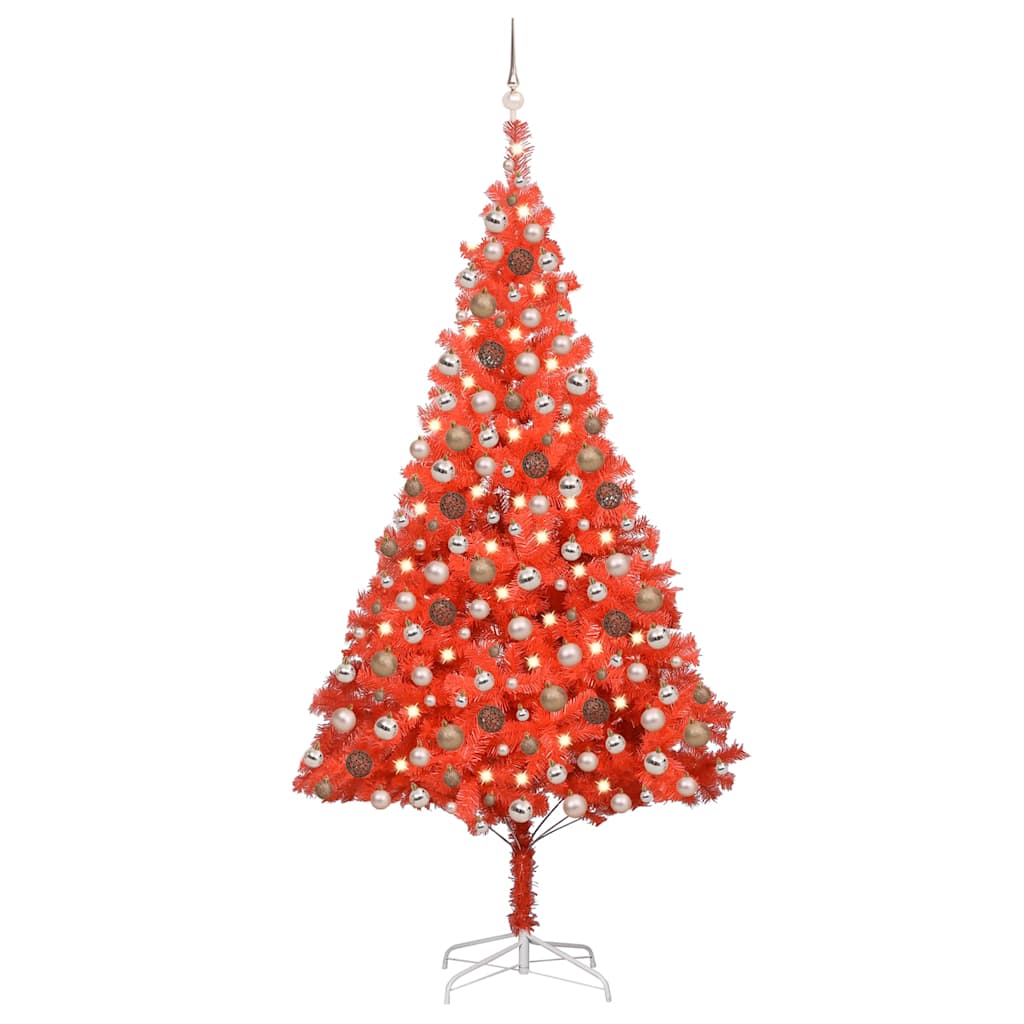 vidaXL Artificial Pre-lit Christmas Tree with Ball Set Red 210 cm PVC - 120 x 120 x 210 cm - 134577