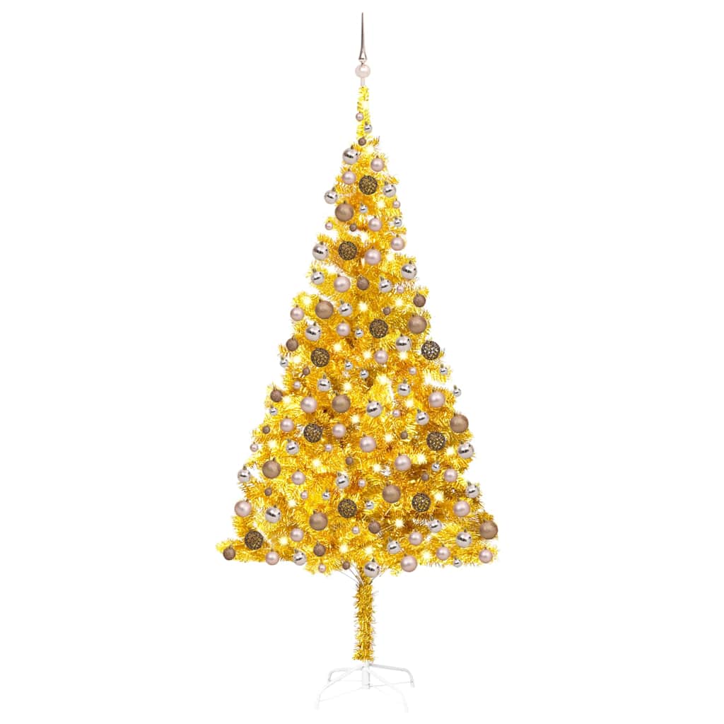 vidaXL Artificial Pre-lit Christmas Tree with Ball Set Gold 210 cm PET - 120 x 120 x 210 cm - 134592