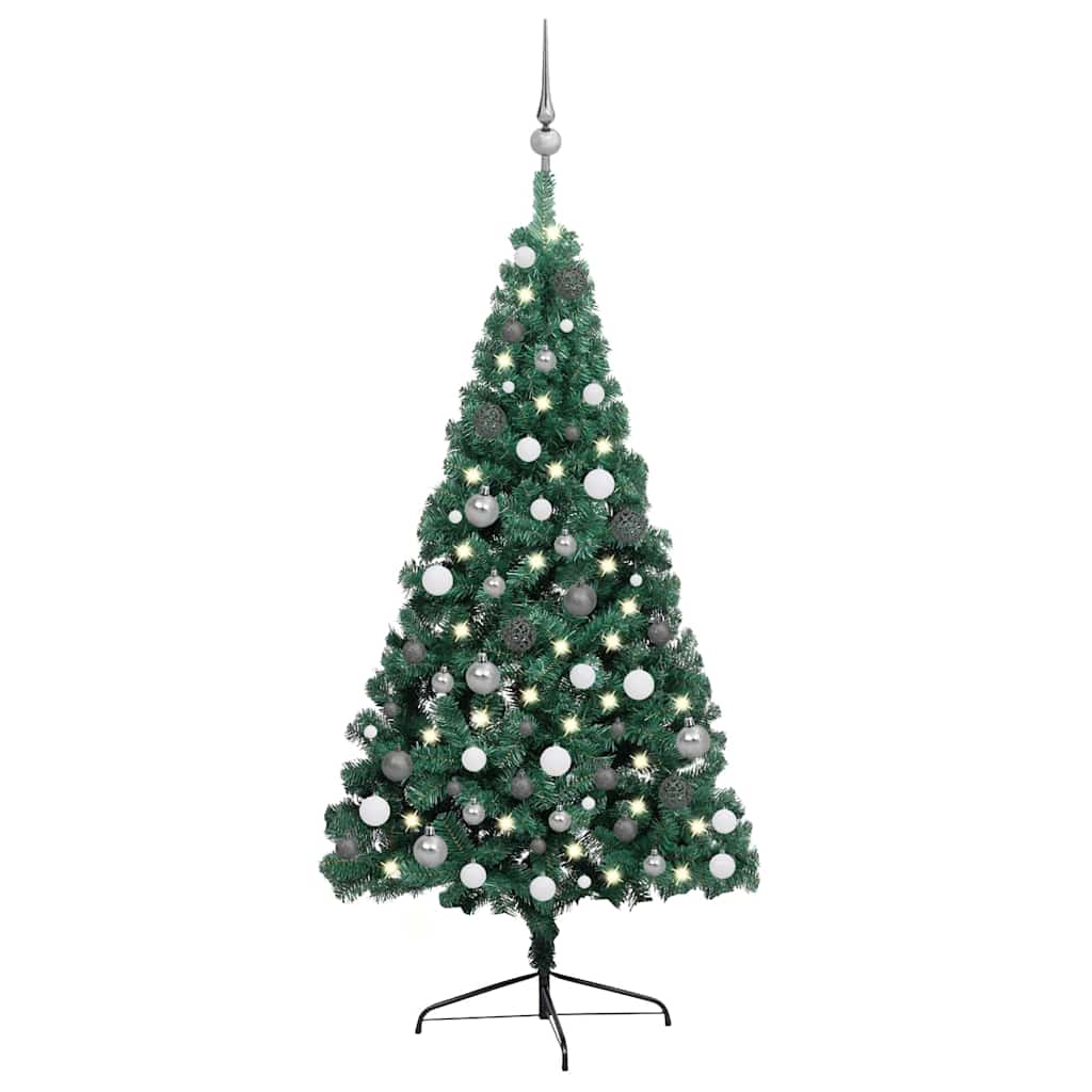vidaXL Artificial Half Pre-lit Christmas Tree with Ball Set Green 240 cm - Gre - 125 x 125 x 240 cm - 134747