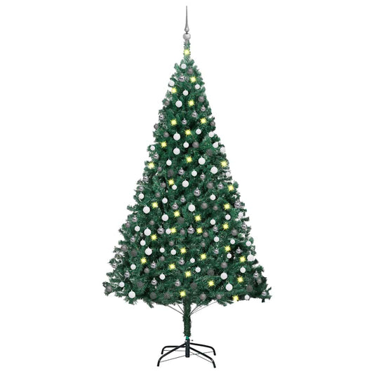 vidaXL Artificial Pre-lit Christmas Tree with Ball Set Green 210 cm PVC - 210 x 110 cm - 35177