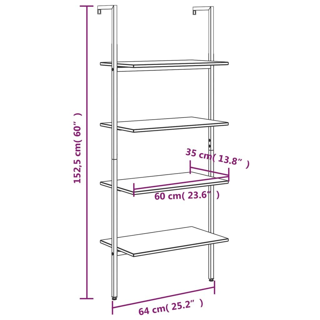 vidaXL 4-Tier Leaning Shelf Dark Brown and Black 64x35x152.5 cm