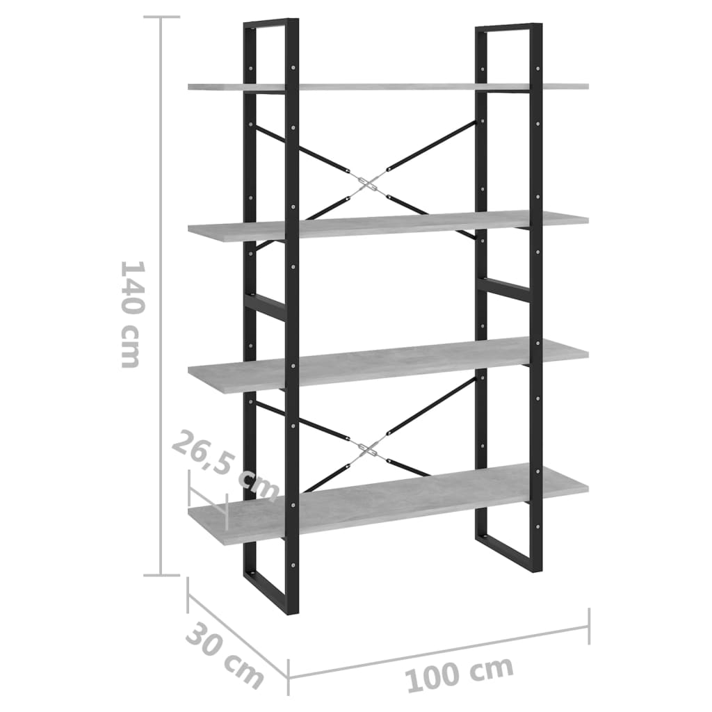 vidaXL 4-Tier Book Cabinet Concrete Grey 100x30x140 cm Engineered Wood