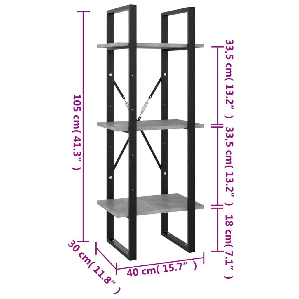 vidaXL 3-Tier Book Cabinet Concrete Grey 40x30x105 cm Engineered Wood