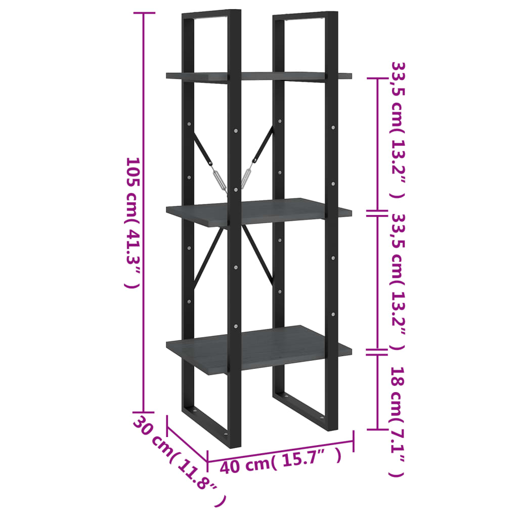 vidaXL 3-Tier Book Cabinet Grey 40x30x105 cm Solid Pinewood
