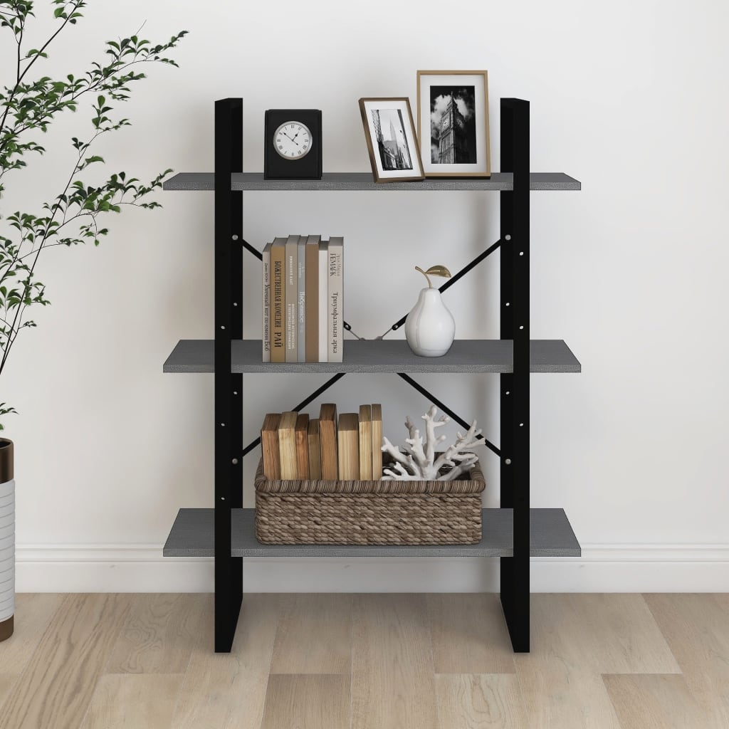 vidaXL 3-Tier Book Cabinet Grey 80x30x105 cm Solid Pine Wood