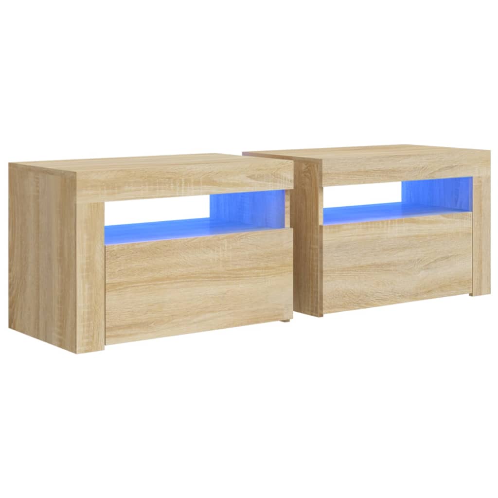 vidaXL Bedside Cabinets 2 pcs with LEDs Sonoma Oak 60x35x40 cm - Brown