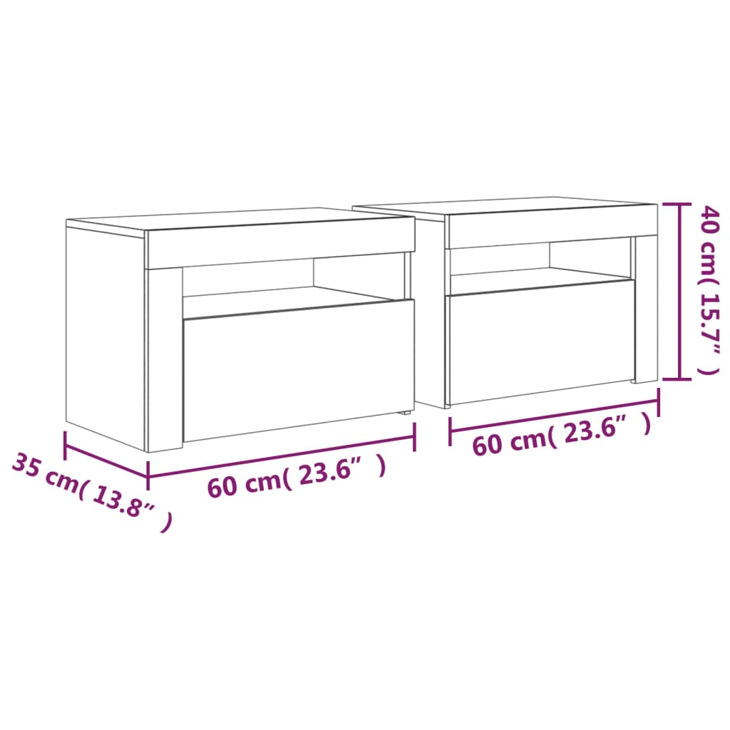 vidaXL Bedside Cabinets 2 pcs with LEDs Concrete Grey 60x35x40 cm