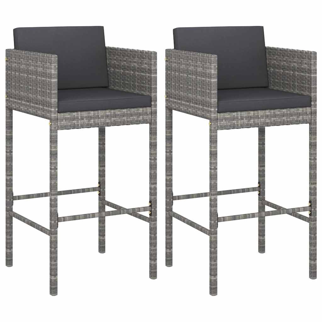 vidaXL Bar Stools with Cushions 2 pcs Grey Poly Rattan - 50 x 48 x 100 cm