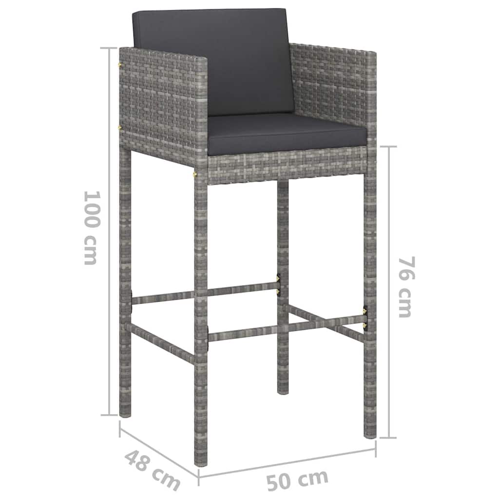 vidaXL Bar Stools with Cushions 2 pcs Grey Poly Rattan - 50 x 48 x 100 cm