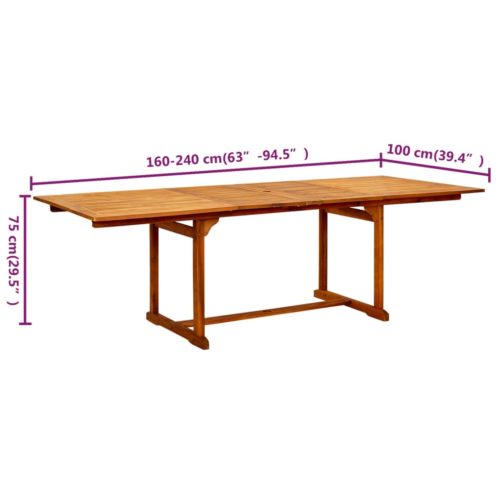 vidaXL Garden Dining Table (160-240)x100x75 cm Solid Acacia Wood - Brown - 240 x 100 x 75 cm - 23933
