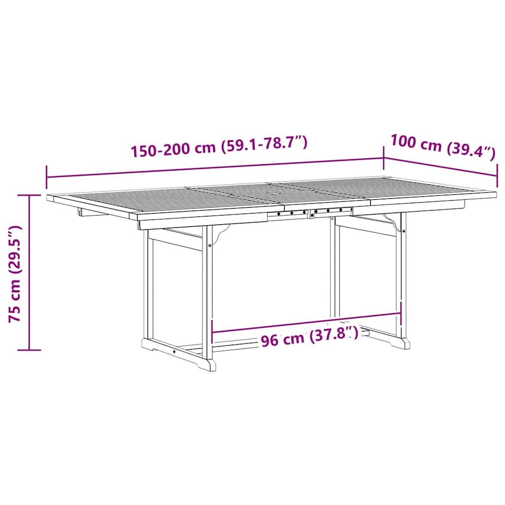 vidaXL Garden Dining Table (150-200)x100x75 cm Solid Acacia Wood - Grey - 200 x 100 x 75 cm