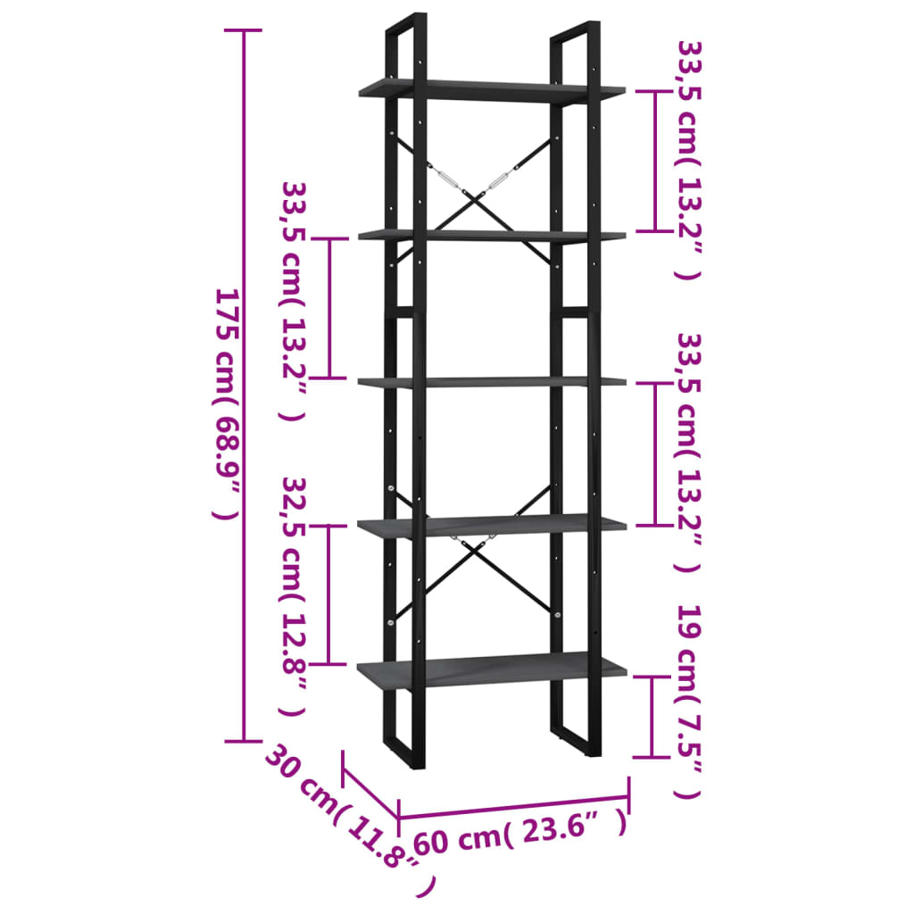 vidaXL 5-Tier Book Cabinet Grey 60x30x175 cm Pinewood