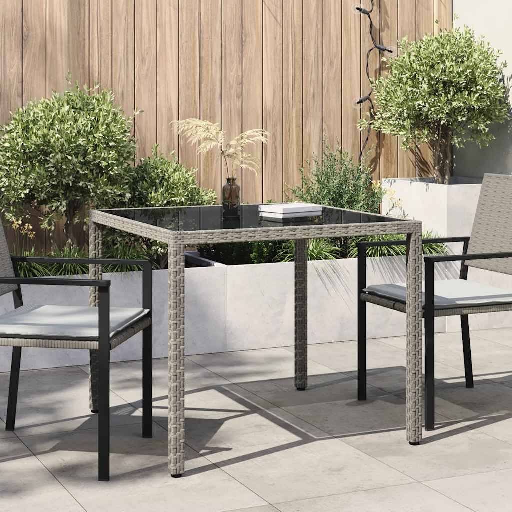 vidaXL Garden Table 90x90x75 cm Tempered Glass and Poly Rattan Grey - 23998