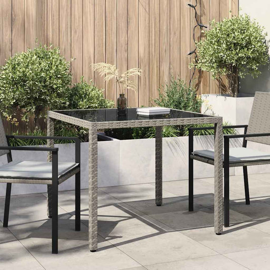 vidaXL Garden Table 90x90x75 cm Tempered Glass and Poly Rattan Grey - 23998