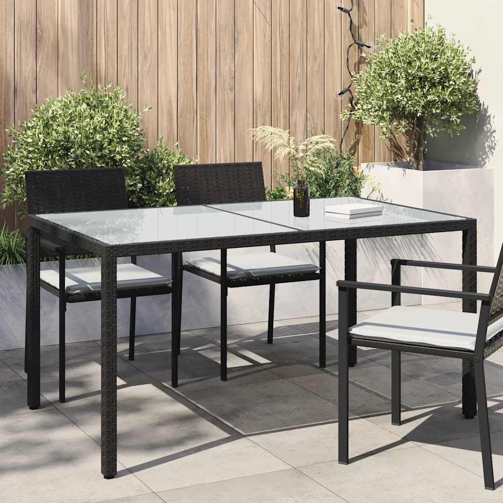 vidaXL Garden Table | Black | Tempered Glass, Poly Rattan, Powder-Coated Steel - 150 x 90 x 75 cm