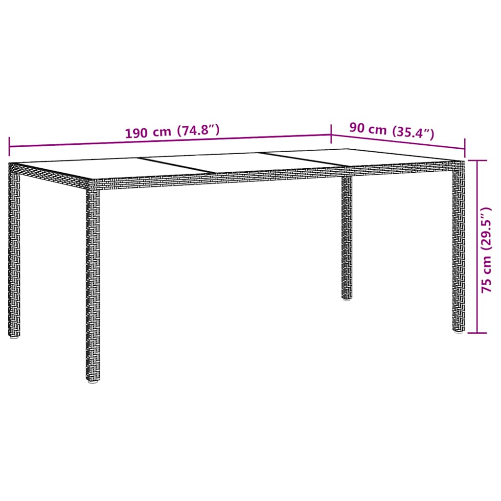 vidaXL Garden Table Brown 190x90x75 cm Tempered Glass and Poly Rattan